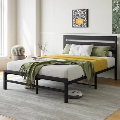 Produktbild von MODFU Metallbett Jugendbetten 140 x 200 Bettrahmen mit Lattenrost,Bettgestell Doppelbett mit MDF Kopfteil und Fußteil,ohne Matratze,schwarz