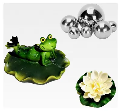 Produktbild von Schwimmende Teichdekoration Miniteich Deko Set Frosch auf Lotosblatt mit 6 Silberkugeln und 2 Lotusblüten für Terrassenteich Zinkwannen Solarbrunnen Garten Balkon Teiche Deko