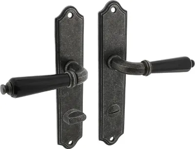 Produktbild von Antik graue Langschildgarnitur Stuttgart Türdrücker Zamak Landhausstil Griffstück schwarz WC DIN Norm