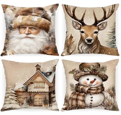 Produktbild von Weihnachtskissenbezüge 4 Stück 45x45 cm Plüsch Elch Schneemann Weihnachtsmann Heimdekoration