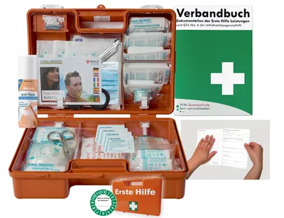 Produktbild von Verbandskoffer / Verbandskasten (M) Typ S - Erste Hilfe nach aktueller DIN 13157 für Betriebe -DSGVO- INKL. PERFORIERTEM VERBANDBUCH + Sprühpflaster