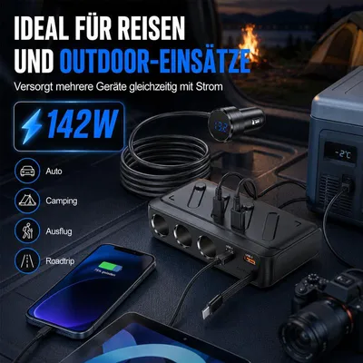 Produktbild von 142W Zigarettenanzünder Verteiler – 3×12V, PD45W, USB, einziehbarer Typ-C – Mit Voltmeter und Schalter – fürs Auto