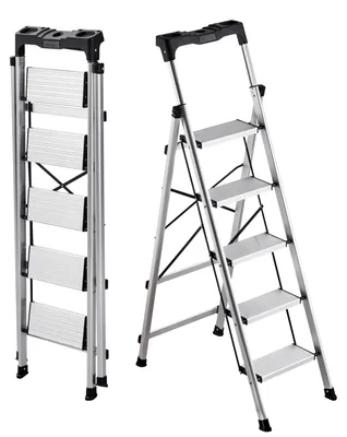 Produktbild von VEVOR Trittleiter 5 Stufen, Klappleiter mit Anti-Rutsch-Stufen & Komfortablem Handgriff, Haushaltsleiter Tragkraft 150 kg, Aluminium-Sicherheitsleiter für Küche, Lager, Haushalt & Büro, Silber
