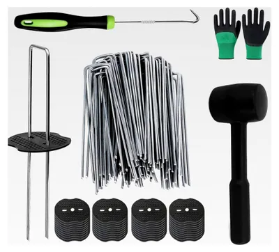 Produktbild von Unkrautvlies Haken, Erdhaken 50 Stück + 50 Unterlegscheiben (150 x 40mm, Ø2,5mm), verzinkte Bodenanker, Erdanker, Erdnägel aus Stahl im Set zur Befestigung von Unkrautvlies