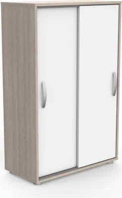 A 3D rendering of a two-door wardrobe with a wood-effect frame and white doors.