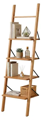 Zdjęcie produktu dla Relaxdays, regał łazienkowy z drabiną, drewno orzechowe, 4 półki, idealny do łazienki, kuchni i salonu, regał stojący, wymiary: 180x44x35 cm, kolor naturalny