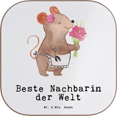 Produktbild von Mr. & Mrs. Panda Untersetzer für Gläser Maus Beste Nachbarin der Welt - Weiß - Geschenk, gläseruntersetzer, Dankeschön, Tasse, Freundin, Freundschaft, Coaster, Nachbarn