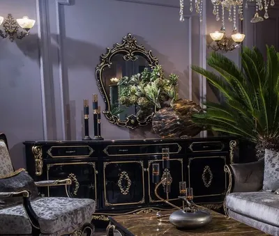 Produktbild von Casa Padrino Luxus Barock Möbel Set Sideboard mit Spiegel Schwarz / Gold - Prunkvoller Massivholz Schrank mit elegantem Wandspiegel - Möbel im Barockstil