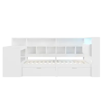 Produktbild von Flieks Klassisches Bett Tagesbett 90x200cm mit Schreibtisch und Regal, Jugendbett Stauraumbett mit Led, Ladefunktion und 2 Schubladen, Einzelbett Weiß