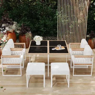 Image de Ensemble de mobilier de jardin 7 pièces pour 6 personnes – Table avec plateau en verre trempé et tressage en corde de polyester, accoudoirs en WPC, mobilier de terrasse pour l'extérieur