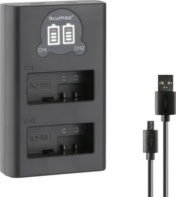 Produktbild von Blumax Dual LCD Ladegerät | für Canon LP-E8 Laden über USB-C oder Micro-USB