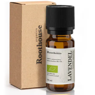 Produktbild von Roothouse-Organics® Bio Lavendelöl - 100% naturreines ätherisches Öl - Lavandula Augutifolia für Diffusor und Duftlampe geeignet