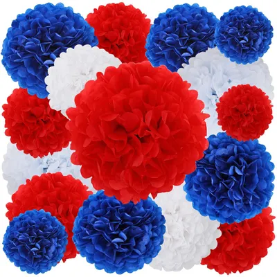Productafbeelding van Papier Pompons Set 16 Stuks in Rood, Blauw en Wit voor Feestdecoratie
