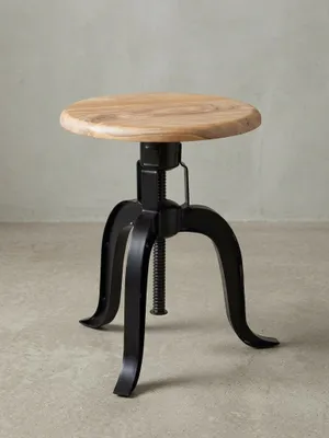 Produktbild von Rustikaler Industrial-Drehhocker aus Akazienholz und Eisen, höhenverstellbare Sitzfläche. 39x39x48 cm | Kadima Design