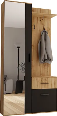Produktbild von MIRJAN24 Garderoben-Set Rio, Kompaktgarderobe mit Kleiderhänger, Schuhschrank, Wandgarderobe (Farbe: Wotan / Schwarz, mit Spiegel)