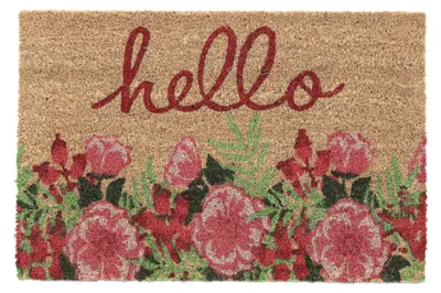 Image de Tapis d'entrée Relaxdays en fibre de coco, motif floral et inscription « Hello », 40 x 60 cm, pour l'intérieur et l'extérieur, antidérapant, résistant aux intempéries, coloré