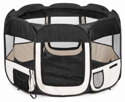 Obrázok produktu pre IvoQ Skladací výbeh pre šteňatá so strieškou – 114 x 114 x 58 cm – Čierna/Krémová, Obrázok generovaný UI