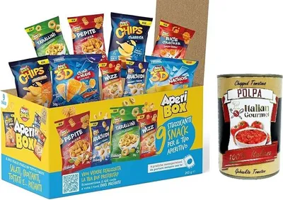 Produktbild von 3x APERIBOX 9 - 263 g Schachtel Chips und herzhafte Snacks 9 Stück Geschenkidee 2023 + Italian Gourmet polpa 400g