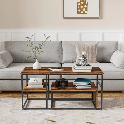 Image de Table basse gigogne carrée en bois avec structure noire – Ensemble 2 pièces