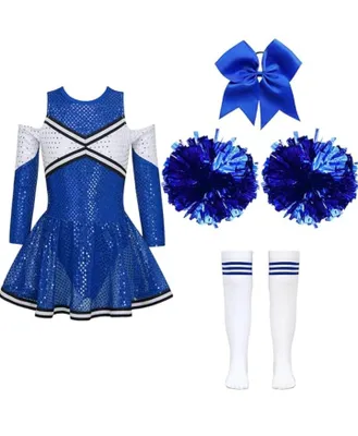 A collection of cheerleading accessories laid out on a white background.