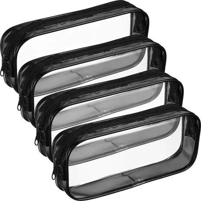 Produktbild von 4er Set transparenter PVC-Koffer mit Schnalle, tragbarer Koffer für Schreibutensilien, Koffer für Kosmetikartikel, großer Koffer für Bürobedarf und Reisegepäck (schwarz)