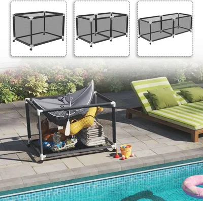 Zdjęcie produktu dla XMTECH Pojemnik na basen 122 x 78 x 88 cm - Kołyska do przechowywania na basenie, organizer z siatkowym koszem, rurkami z PVC i kółkami o średnicy 5 cm, na kółka do pływania, dmuchane materace i zabawki wodne - Czarny