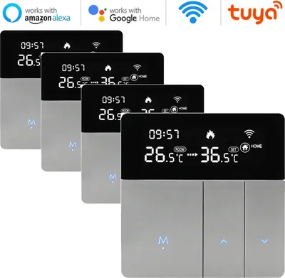 Four digital thermostats are arranged in a staggered formation against a white background. Logos for Amazon Alexa, Google Home, WiFi, and Tuya are visible at the top.