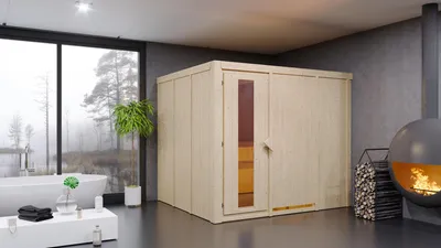 Produktbild von Karibu Sauna Innensauna Gobin Fronteinstieg Ofen 9 KW externe Strg easy 245x210x202 cm mit Dachkranz mit Energiespartür