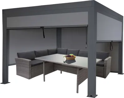 Produktbild von Pergola HWC-L46 mit Seitenwand, Gartenpavillon Lamellen-Pavillon Rollo, 10cm-Alu-Gestell, sturmfest 3x3m anthrazit