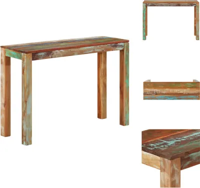 A console table made of reclaimed wood is shown against a white background. The image is composed of a main shot of the table and three smaller inset images showing different angles and details of the table.