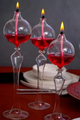 Produktbild von 3er Set Glas Öllampen mit Docht & Lampenöl – elegante Tischdeko Kugellampen, handgeformte Glaslichter, wiederbefüllbar, 24/27/30 cm