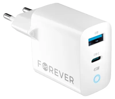 Produktbild von Forever GaN PD QC Wandladegerät TC-06-45AC 1x USB-C 1x USB Handy-Ladegeräte 45W Weiß