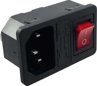 Produktbild von Kaltgeräte Steckverbinder Stecker C-14 mit rotem Schalter und Sicherung 10A/250V