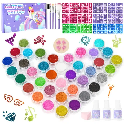 Produktbild von Glitzer Tattoo Set Kinder, Temporäre Glitzertattoos Set Mädchen, 38 Farben
