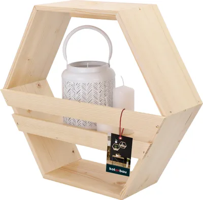 Produktbild von KOTARBAU® Hexagon Wandregal Natural 14x47x41 cm Hexagon Regal Holz mit Ablage Blumenregal Wandregal Hexagon Holz