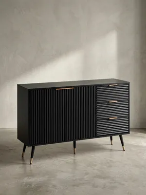 Produktbild von Sideboard 120x80x40 cm Anrichte Schwarz mit Eiche-Nachbildung, Kommode mit Türen und Schubladen, Kommodenschrank Flurschrank Modern, Standschrank Wohnzimmer Metallbeine