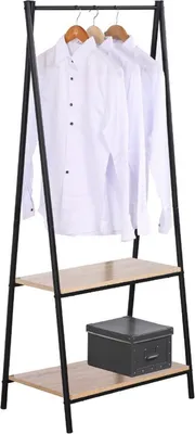 Immagine prodotto di Happyment Appendiabiti Dery - Con 2 ripiani - Scarpiera - Organizzatore per armadi - Portaoggetti - Armadio in legno - Marrone
