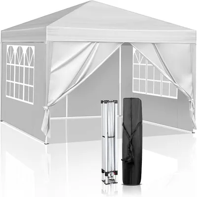 Image de Pavillon 3x3 mètres, pliable, imperméable, stable, résistant aux intempéries, protection UV 50+, tissu Oxford 420D, pliable et réglable en hauteur, tente de fête, tente de jardin, idéale pour le jardin, le camping, les activités de plein air, couleur blanche, avec 4 panneaux latéraux