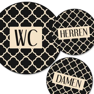 Produktbild von Badezimmer Türschild beige schwarz Set „Damen“ + „Herren“ + „WC“ (15,5 cm) mit Klebepads