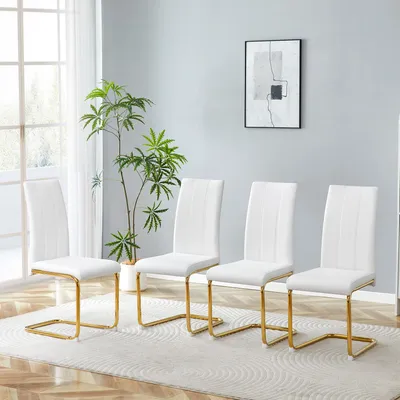 Produktbild von Weiße Esszimmerstühle 2er Set elegante Polsterstühle mit hoher Rückenlehne moderne Küchenstühle aus Kunstleder stabiles goldfarbenes Metallgestell