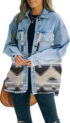 Obrázek produktu pro ASKSA Damen Jeansjacke Revers Langarm Vintage Button Down Oversize Boyfriend Cardigan Print Hemdjacke, Blau, L
