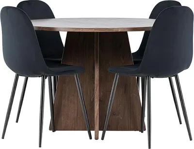 Produktbild von Bootcut Essgruppe Tisch Ø110cm und 4 Velours Stühle mocca.