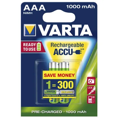 Zdjęcie produktu dla Varta 05703, Bateria do ponownego naładowania, AAA, Niklowo-metalowo-wodorkowa (NiMH), 1,2 V, 2 szt., 1000 mAh