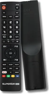 A black remote control is shown against a white background, with a second remote control placed behind it.