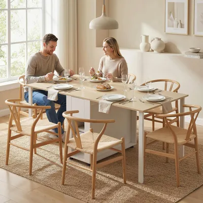 Produktbild von Klapptisch Esstisch mit Schubladen, ausziehbarer Küchentisch MDF Kiefernholz, Weiß Naturholz | 168 x 85 x 73 cm | bis 6 Personen | 2 Schubladen