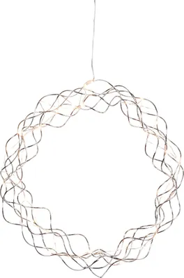 A decorative LED light wreath hanging against a white background.