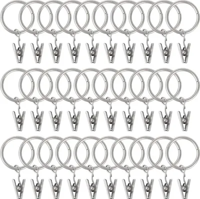 Produktbild von 30 Stück Gardinenringe mit Clips, starke Gardinenclips, Haken an Spannstangenhalterung, Metallösen mit Innendurchmesser, dekorative Gardinen-Fensteraufhänger, Silber