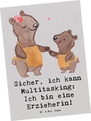 Produktbild von Mr. & Mrs. Panda Postkarte Erzieherin Multitasking - Grau Pastell - Geschenk, Ansichtskarten, Berufsliebe, Dankbarkeit, Spiel, Beruf, Handgefertigt, Fotokarte, Grußkarte