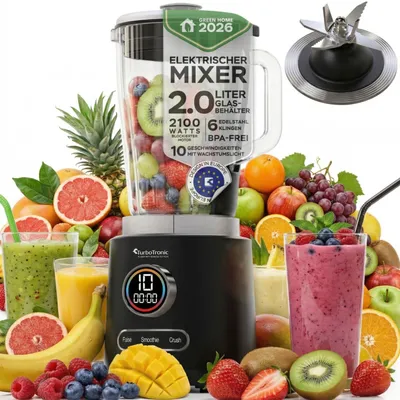Produktbild von TurboTronic Standmixer - BG7 - 2100 Watt mit 2,0 L Glasbehälter Edelstahl, Glas Smoothie Mixer / Maker Ice Crush Funktion Milchshaker Blender BPA FREI