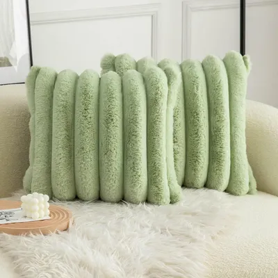 Immagine prodotto di Custodia per cuscino in peluche, ecopelliccia, a righe, verde, 50x50 cm, set da 2